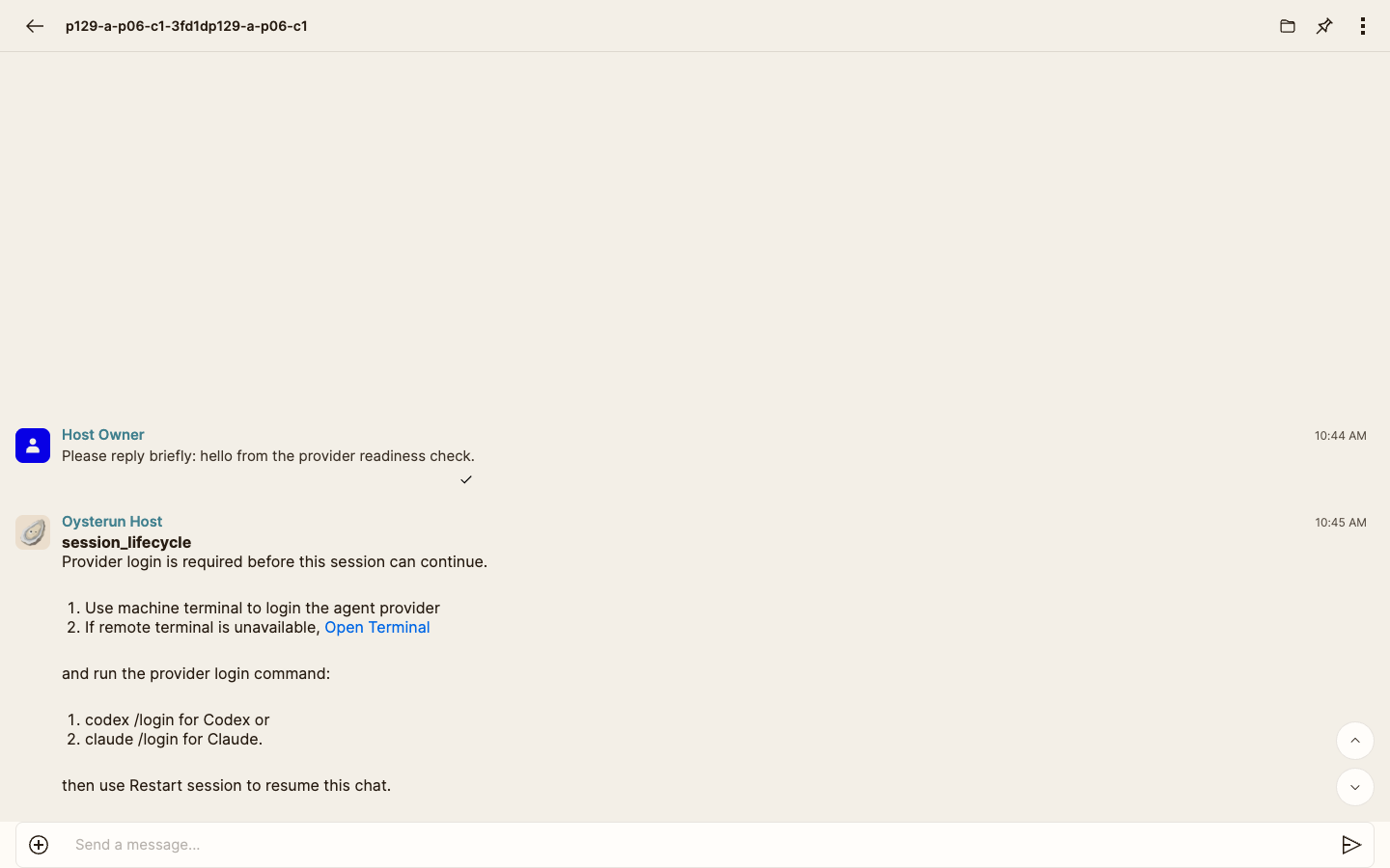 同一個 Session chat 顯示完整 provider-login-required 系統列，並同框顯示 Open Terminal、codex slash-login 與 Restart session 指引。