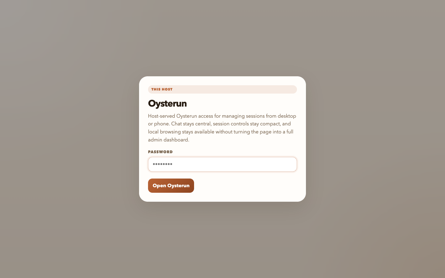 完整的登出 This Host 畫面顯示 Oysterun、空白 Password 欄位的八點 placeholder、Open Oysterun，而且沒有 username 欄位。