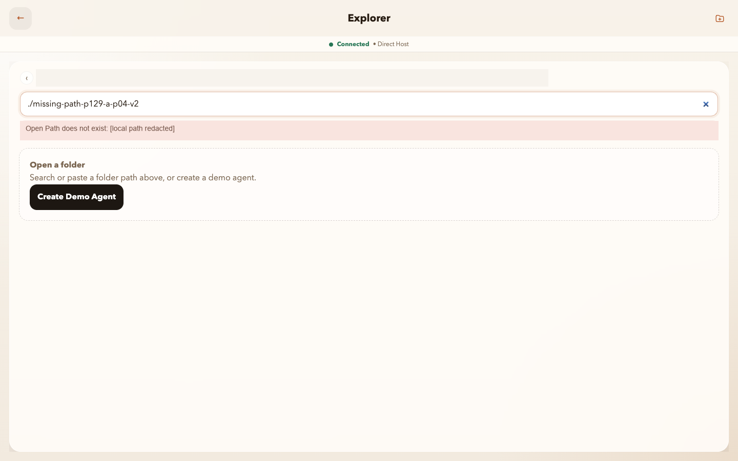 Complete Explorer error screen with visible Back, the safe failed path ./missing-path-p129-a-p04-v2, and the read-only Open Path does not exist message with its local path redacted.