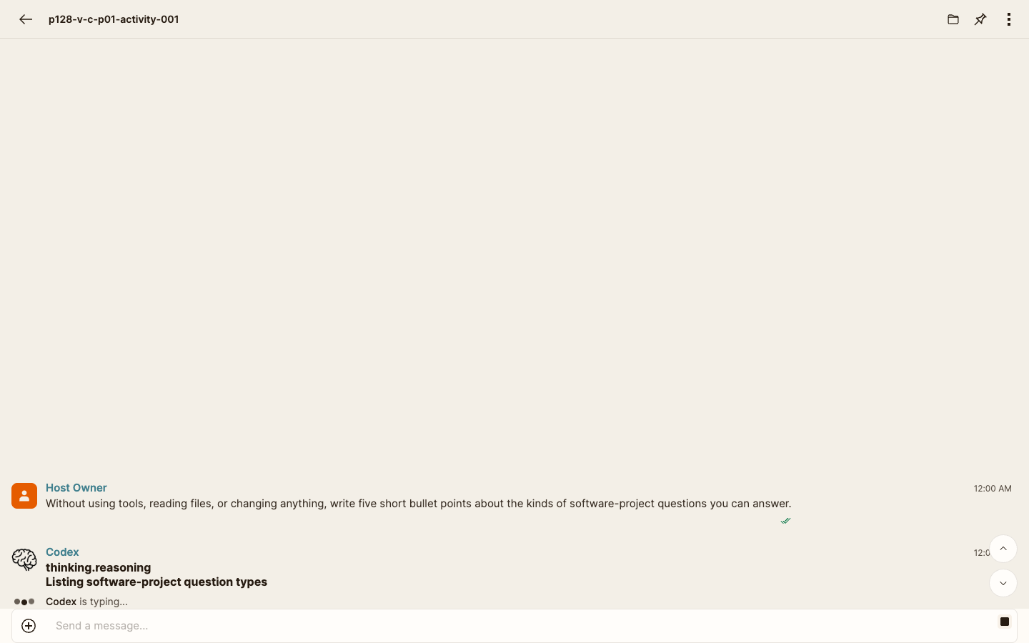 The same Session shows one safe test request and the current Codex responding indicator in a complete desktop frame.